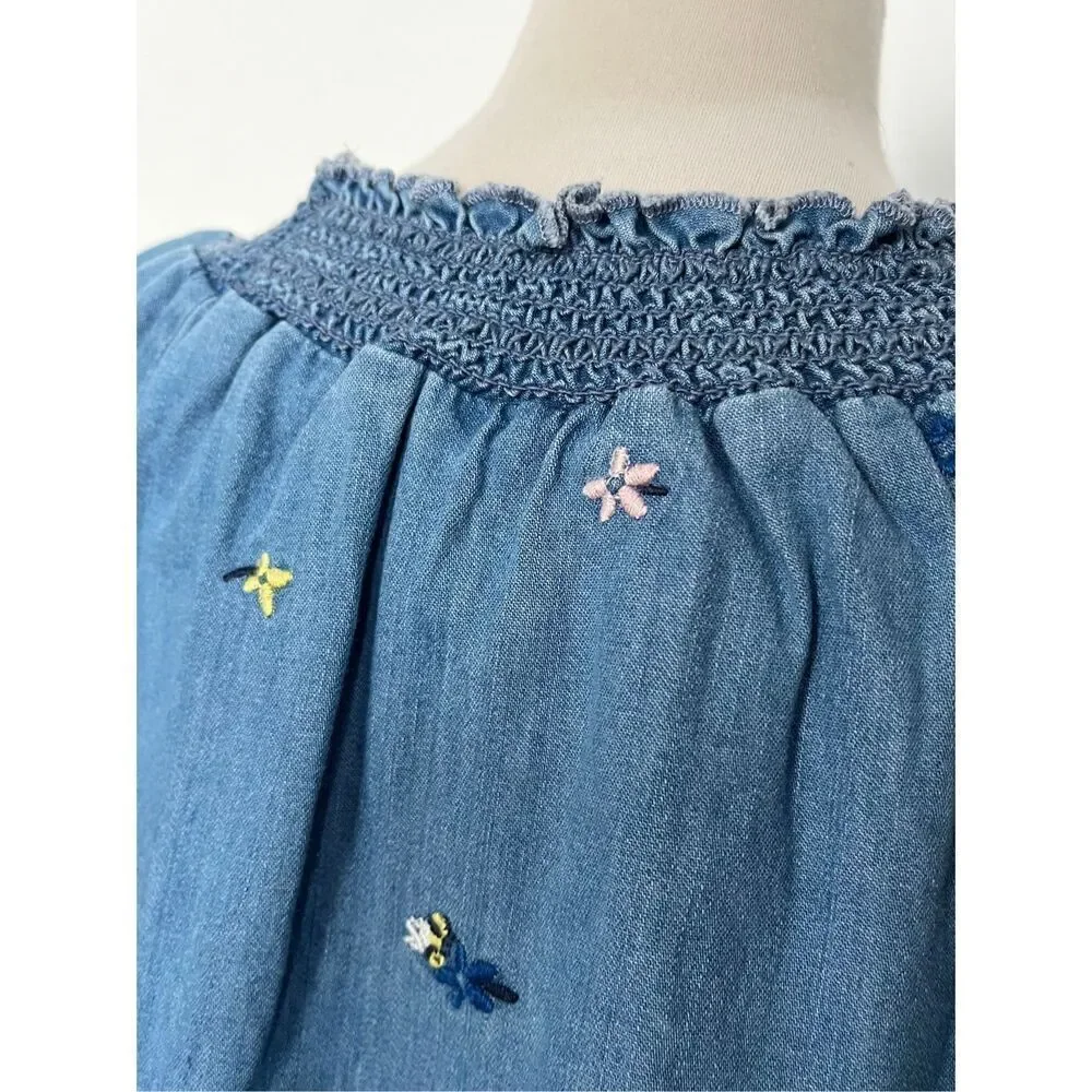 Hanna Andersson Girls 8 (130) Flower Embroidered Chambray Denim Dress